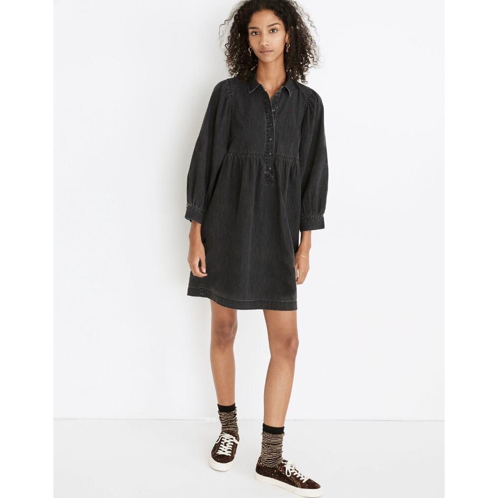 Madewell Denim Babydoll Shirt Dress‎ Washed Black Jean Size XXS Cottagecore Boho